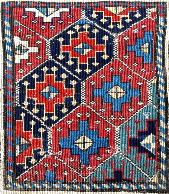 Shahsavan Sumack khorjin bag face. Cm 54x58. 1880sh. The rich and proud weaver could afford to buy little, expensive fuchsine, while for the others went on as usual......with natural dyes. Note the  ...