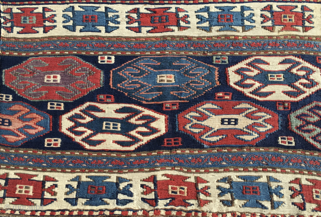 Wonderful Top Shahsavan reverse weft less sumack mafrash end panel. 
Size is cm 40x55 ca. Datable 1870/1890. 
Very, very fine weaving. 
Great crab pattern. 
Lovely deeply saturated natural colors. Note the aubergine  ...
