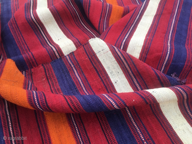 Colorful kilim striped runner/strip. Cm 67x256. 90 to 100 years of age. Could be Mazandaran?. Very fine weave. Great colors. Red, orange, blue and white. Warps are dyed in aubergine!! Very unusual.  ...