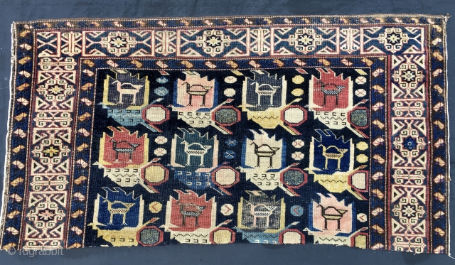 Shirwan Kuba rug fragment. Cm 63x120. Datable to 3/4th q of 19th c. This is one of the ends of what was a gorgeous Caucasian rug before the disaster. So, we have  ...
