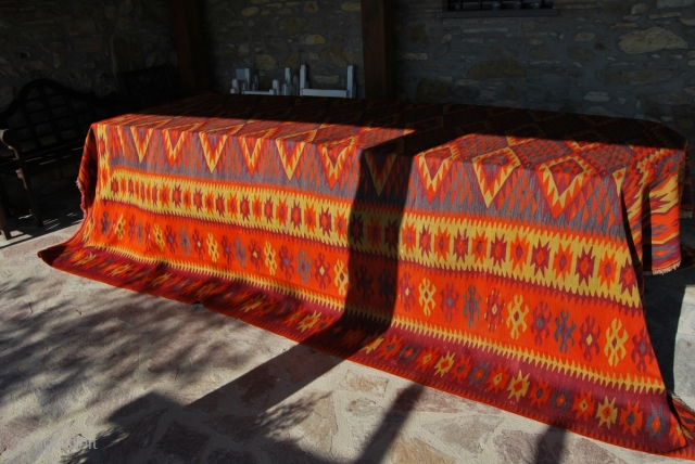 Tracia Orange Kilim from the Ottoman Balkans. Cm 390x315 or ft 12.8x10.3. Second half 19th century. In overall good condition. Few small holes, some old minor restorations. Rare, beautiful. Old pics, sorry.  ...