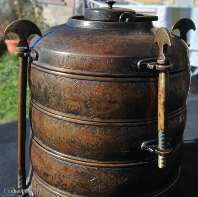 Beautiful, very rare Osmanli work of art. 
Ottoman 19th century or earlier brass safertas or food container. 
Cm 17x23h. 
Heavily decorated. 
Really rare & wonderful. 
In very good condition. 
Few similar examples  ...