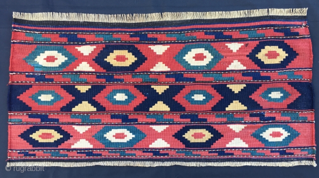 Caucasian flatweave mafrash long panel. Cm 46x94. Late 19th, early 20th c. Great, deep colors, see the different blues. Some old restorations. Lovely decorative item.
        