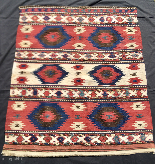 Kazak? NO!!!
Shahsavan! YES!!

Shahsavan, not Kazak, collectors storage bag.
Kilim & Sumack big khorjin or bag face
Cm 82x98.
Datable to the end of the 19th c.
Wonderful natural colors.
Madder red, indigo blue, white is wool.
Three main  ...