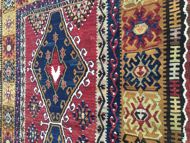 Wonderful Yahyali Kilim 
Wonderful natural deep saturated colors 
Wonderful two med pattern 
Wonderful condition Wedding Present? 

Beautiful Yahyali kilim, Central Anatolia. Turkey. 
Cm 105x175. 4th q 19th century. 
The presence of fuchsine  ...