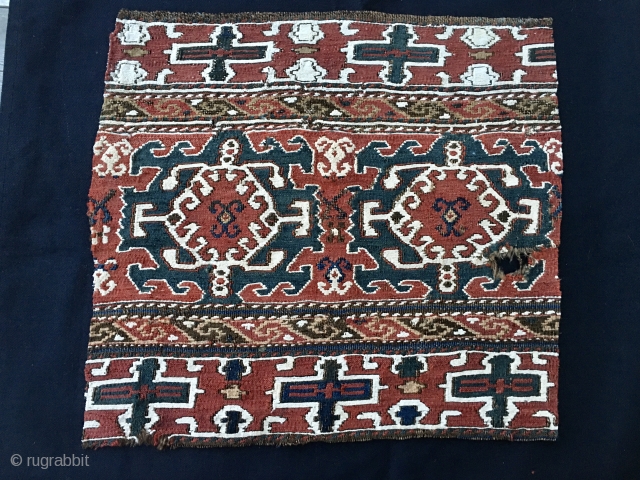 This is a great Shahsavan Moghan sumack mafrash panel fragment. Cm 43x46. Datable 1860/1880. Wool and cotton, extra weft wrapping. Crab shaped stars archaic pattern. Rare. See similar panel on Tanavoli main  ...