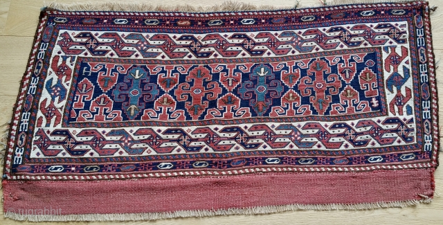 Khamseh Shahsavan sumack mafrash side panel. Size is 19’x37’ or cm 48x94. End 19th century. In great condition. Lovely “abdal-burun” main border also called “two headed bird”. The central field hosts four  ...