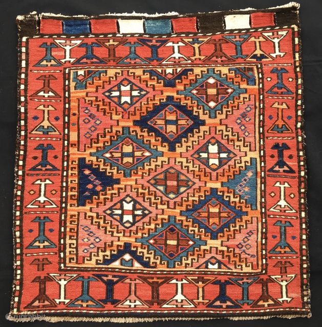 Beautiful Kurdish sumack korjin bag face. Cm 56x59. Early 20th c. Lovely colors, some are certainly natural, some others may not. Great sumack workmanship. Just out the collection of MT. 
  