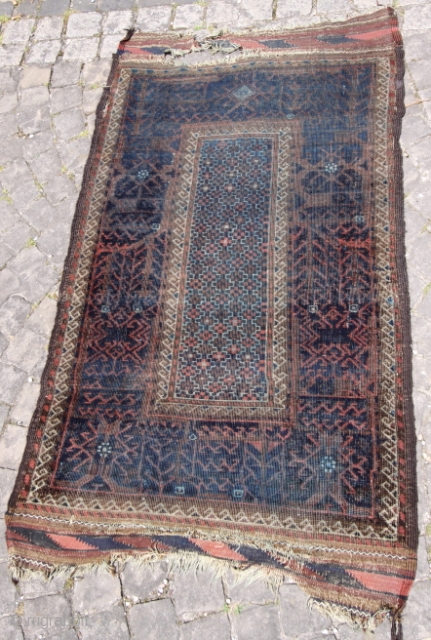 Baluch (prayer rug?); end 19th c.; study piece with a for me unusual border, 
low pile, unfortunately with heavy, ugly running blue ink „re-colouration“ last picture is its back side
   