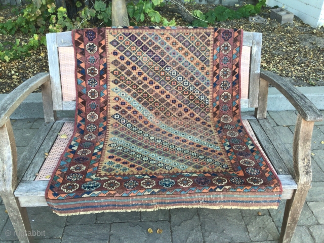 Unusual Antique Baluch. Lovely, soft colors. 2’10”X4’1” Very good condition; small homemade repair (see closeup photo). US buyers only.              