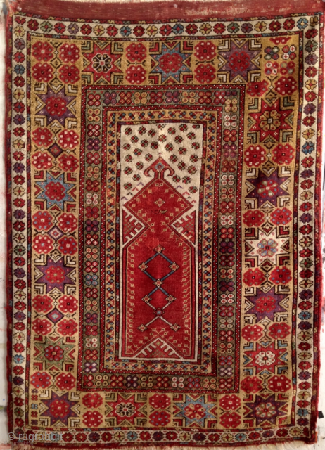 Fine Melas Prayer Rug. Southwest Anatolia, mid-1800's, 4'10" x 3'6", all natural dyes, old repairs, rich colors. Additional images available. Contact directly at cdecredico@aol.com.         