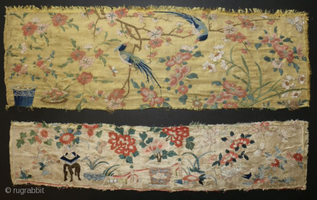 Two Ming Dynasty embroidery fragments, one on a yellow twill ground, and the other on a white damask ground. The yellow piece portrays birds in the branches of a plum tree surrounded  ...