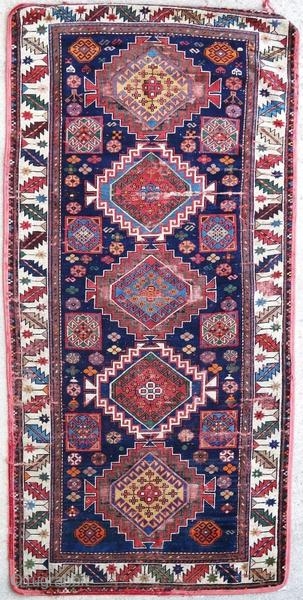 Old Caucasian gallery with some wear and tears.

Origin : Caucasus
Period : 1900 or before
Size : 225 x 110 cm
Material : wool on wool
Wear and tears
Vegetable dyes
Handwoven

This rug has been cleaned by a  ...