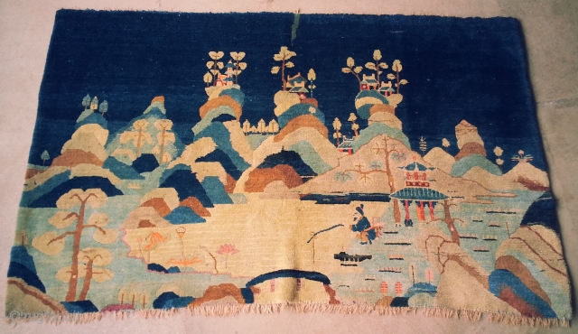 Intriguing and likeable Tibetan or Chinese rug. 4'3" x 6'10". Lovely soft wool on a cotton foundation. Small amounts of synthetic dyes. Has been hung on wall so in superb condition. Early  ...