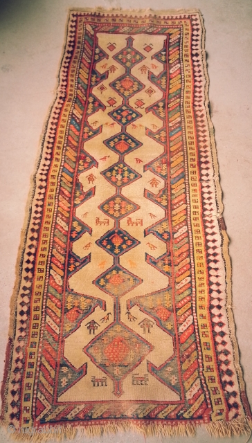 Pretty Village Hamadan Runner. Couple of early synthetic colours, lively. 104in x 42in, 264cm x 107cm.                 