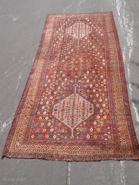 Monumental Kamseh rug, 14'7" x 6'4", good colors, shiny wool, near full pile, small areas of expert Turkish repair.              