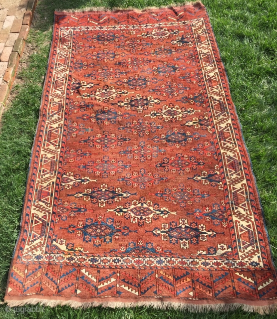 Yomud kepse gul main carpet.  Full velvety pile, original sides and ends, no restoration. 5'4" x 9'6".  Two small palm size stains (see second image) that I suspect will come  ...