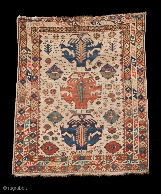 Pleasant folky Caucasian rug (Kuba, Shirvan?). Even wear, one end missing guard borders, otherwise intact, no restoration.  A good cleaning and a minimal amount of Turkish/Bob Mann attention would make this  ...