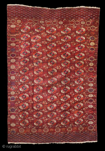 Good decorative Tekke main carpet, late 19th/early 20th Centuries. All natural colors, thick glossy, full pile wool. Several small poorly done patches (see detail).  Sides need minor attention, could use a  ...