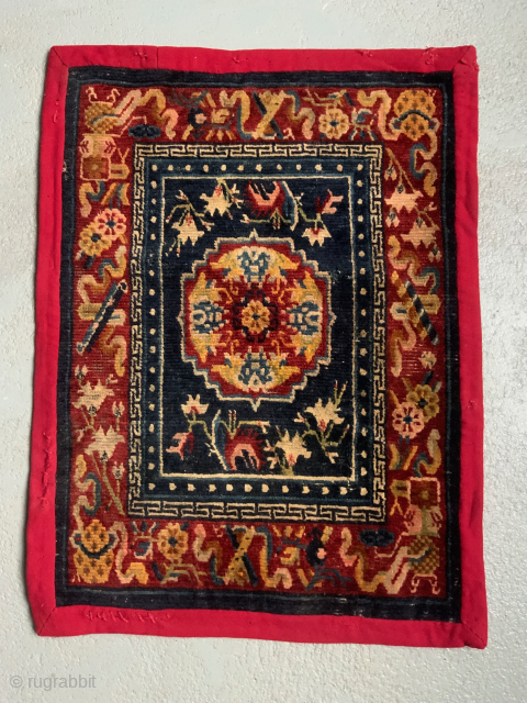 Tibet antique miniature mat - finely made in the Tibetan technique was possibly produced by a devotee household as an ' Asana ' ( sitttng mat ) for a monk or Abbot.  ...