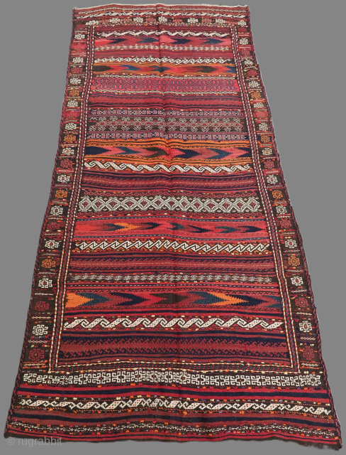 A scarce Baluch dastarkhan or sofreh (eating cloth) these were placed on the ground for food to be served on. www.knightsantiques.co.uk

Circa 1920.
Size: 8ft 0in x 3ft 11in (245 x 119cm).
This excellent example  ...