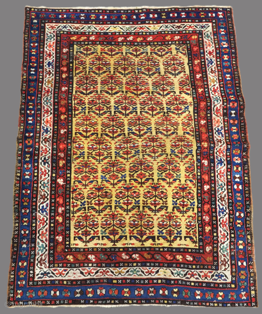 Antique Kurdish rug with repeat shrub design on a yellow ground. www.knightsantiques.co.uk
Size: 5ft 1in x 3ft 10in (155 x 117cm).
Circa 1900.

A beautiful small rug with really outstanding colours, featuring a flowering shrub  ...