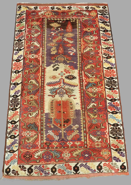 Antique Western Anatolian Milas prayer rug of early design with wonderful colour.
Size: 5ft 9in x 3ft 4in (175 x 101cm). www.knightsantiques.co.uk
Mid 19th century.

A good example of an early Milas village prayer rug  ...