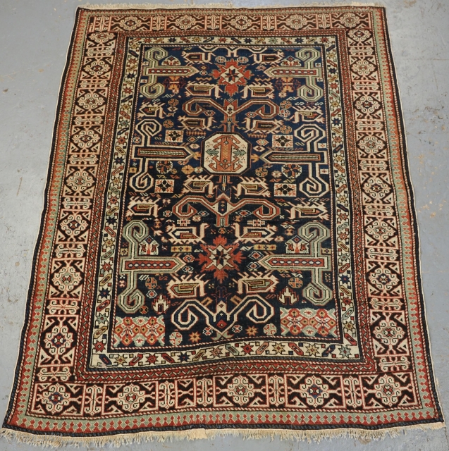 Antique Caucasian Kuba region Perepedil rug with an indigo blue ground and classic Kufic border. www.knightsantiques.co.uk 
Size: 4ft 7in x 3ft 7in (140 x 110cm).
Circa 1880.

This rug is an excellent example of  ...