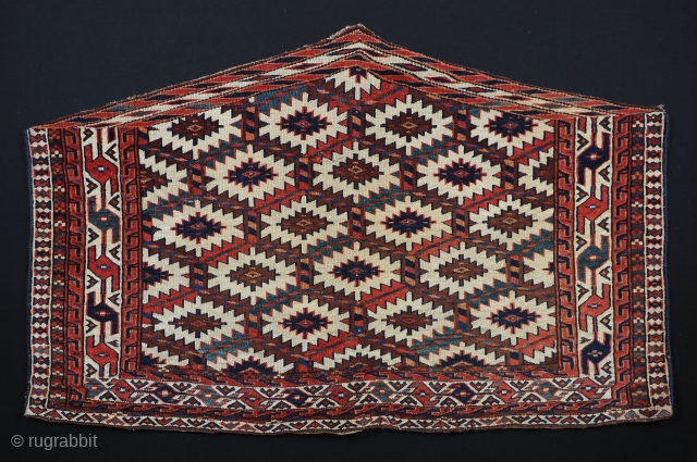 Antique Yomut Turkmen asmalyk with lattice design. www.knightsantiques.co.uk 
Size: 3ft 9in x 2ft 5in (115 x 73cm).
2nd half 19th century.

This good example of a Yomut Turkmen asmalyk has an ivory ground with  ...