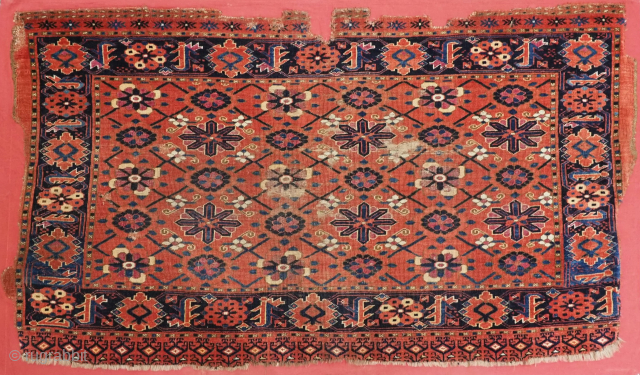 Size: 5ft 1in x 2ft 11in (156 x 89cm).

Antique Beshir Turkmen chuval with the ‘mina khani’ (many flowers) design.

Mid 19th century.

This wonderful old example has large amounts of crimson silk used throughout.

The  ...