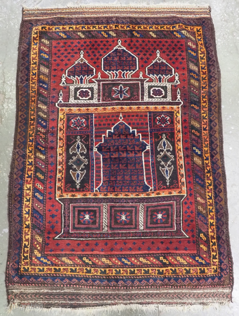 Size: 5ft 1in x 3ft 7in (155 x 108cm).

Antique Afghan Taimani Sistan Baluch 'Seh (Three) Mihrab' prayer rug.

Circa 1900.

This is an outstanding example of a seh-mihrab (three mihrab) prayer rug by the  ...
