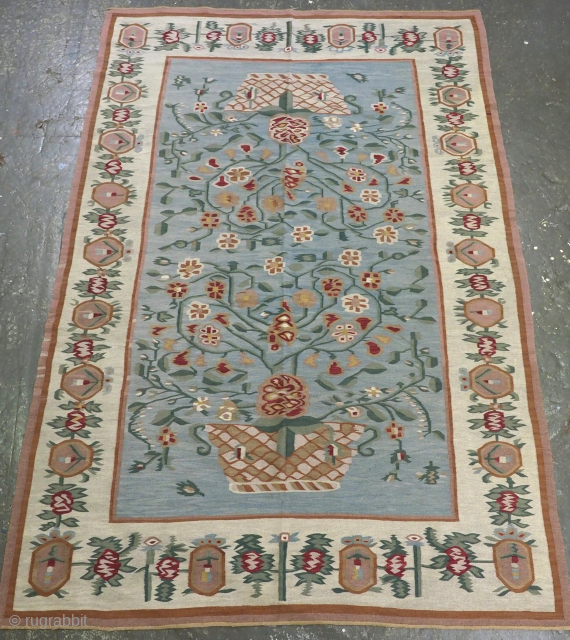 Size: 8ft 11in x 5ft 10in (272 x 178cm).

Antique Bessarabian kilim with basket design on a soft blue ground.

Late 19th century.

Bessarabian kilims originate from Eastern Europe; from an area that is now  ...