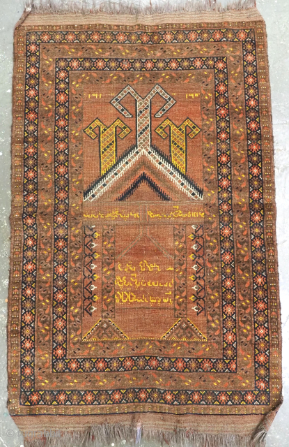 Size: 4ft 5in x 2ft 9in (134 x 85cm).

Antique Afghan Kizil Ayak Turkmen prayer rug with triple rams horn design to the Mihrab.

Circa 1892.

A very rare Afghan prayer rug which is inscribed  ...