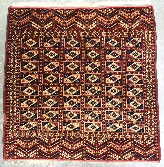 Antique Tekke Turkmen rug of small square size, these rugs are generally considered to be ‘dowry’ weavings. www.knightsantiques.co.uk 
Circa 1880 or earlier.
Size: 3ft 3in x 3ft 1in (99 x 93cm).
This is an  ...