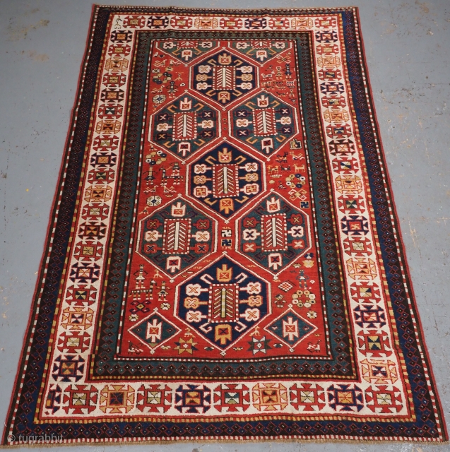 Antique Caucasian Gendje rug with wonderful folk art design.
www.knightsantiques.co.uk
Circa 1890.
Size: 7ft 9in x 5ft 1in (235 x 155cm).
A truly outstanding rug with classic diamond medallion design on a madder red ground. The  ...