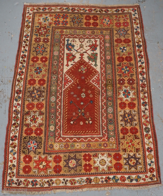 Antique Turkish Milas prayer rug of classic design with superb soft wool and good colour.
www.knightsantiques.co.uk
Circa 1800-1825.
Size: 5ft 8in x 3ft 11in (173 x 120cm).
The rug has very soft wool and a very  ...