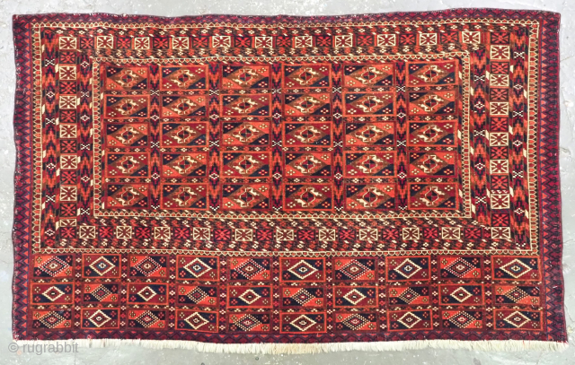 Antique Tekke Turkmen chuval of scarce format with 'Aina' guls. www.knightsantiques.co.uk 
Circa 1880 or earlier.
Size: 4ft 0in x 2ft 5in (121 x 74cm).
An excellent Tekke Turkmen chuval face of very fine weave  ...