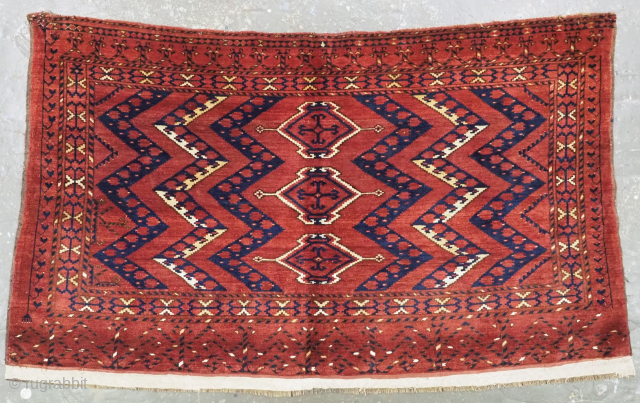 Antique Ersari Beshir Turkmen chuval face with the ikat design. www.knightsantiques.co.uk 
Circa 1880.
Size: 5ft 9in x 3ft 3in (175 x 100cm).
A good example of the well known ikat design with three small  ...