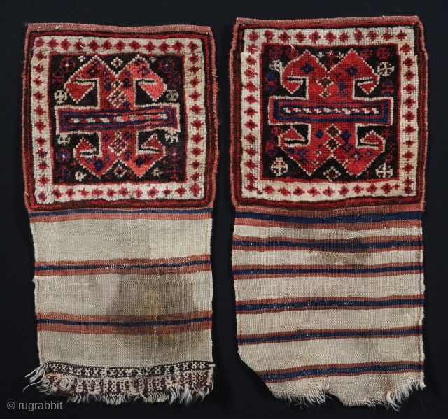 Antique tribal bags with plain weave backs, by the Shahsavan Tribe.
www.knightsantiques.co.uk
Circa 1880.
Size: 11in x 1ft 10in (28 x 55cm) each.
A very good small pair or tribal bags with original plain weave backs.  ...