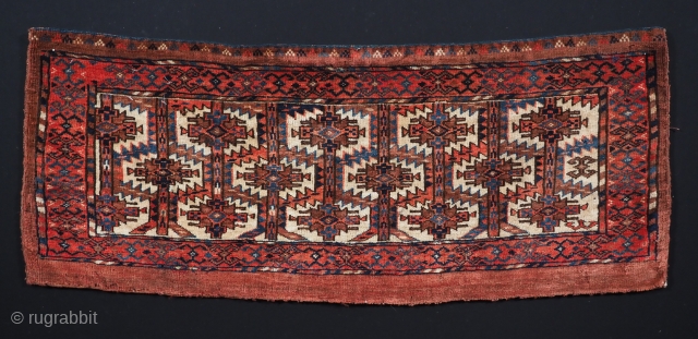 Antique Yomut Turkmen torba with lattice design.
www.knightsantiques.co.uk
Circa 1880.
Size: 3ft 3in x 1ft 4in (100 x 41cm)
Torba are shallow wall bags used mainly in tents or yurts for the storage of personal belongings,  ...