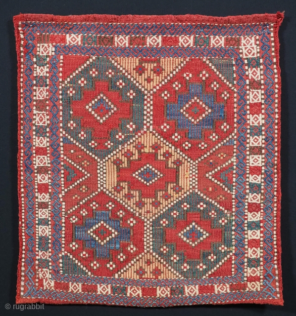 Antique tribal chanteh (vanity bag) with plain weave back, by the Azeri Tribes of Azerbaijan.
www.knightsantiques.co.uk
Circa 1900.
Size: 1ft 8in x 1ft 6in (51 x 46cm).
A good small bag to contain personal belongings, woven  ...
