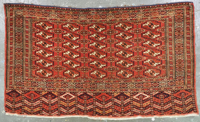 Antique Tekke Turkmen chuval face with 30 small chuval guls. www.knightsantiques.co.uk
Size: 4ft 0in x 2ft 5in (123 x 73cm).
Circa 1880 or earlier.

A good chuval face with five rows of six small chuval  ...