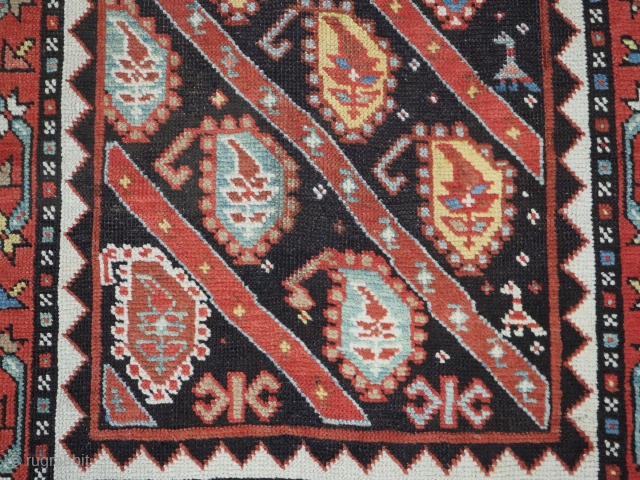 Antique Caucasian Karabagh region runner with all over diagonal boteh design.
www.knightsantiques.co.uk
Circa 1880.
Size: 14ft 1in x 3ft 5in (430 x 104cm).
A very good runner with diagonal rows of flowering boteh on a charcoal  ...