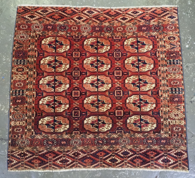 Antique Tekke Turkmen rug of fine weave and small square size. An outstanding example of type.
www.knightsantiques.co.uk
Circa 1880.
Size: 3ft 5in x 3ft 8in (104 x 111cm).
These rugs are considered to be ‘dowry’ weavings  ...
