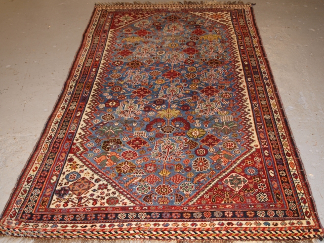 A good Antique Tribal Qashqai rug with unusual all over design on a sky blue ground. www.knightsantiques.co.uk 

Circa 1880.

The rug has a very light indigo blue ground which is covered with a  ...