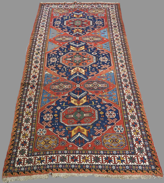 Antique Caucasian soumak carpet of three medallion design, excellent condition with superb colour. www.knightsantiques.co.uk

Circa 1900.
Size: 370 x 182cm (12ft 2in x 6ft 0in).
This soumak is of the classic three medallion format, the  ...