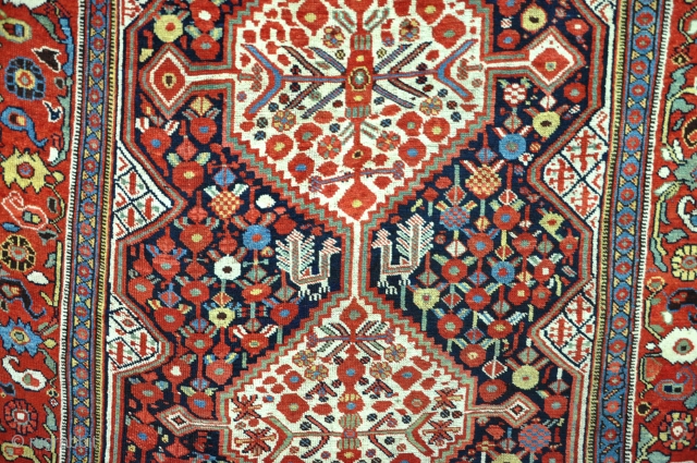 An antique Khamseh carpet with very good dyes. Even low pile, very clean. 19th century.320x149cm.                  