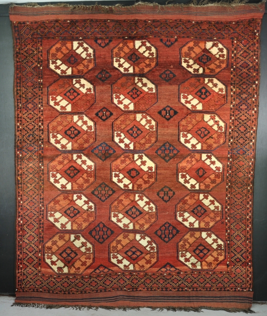 An antique Ersari small carpet in fat pile with good dyes and wool.Some small old reweaves, but clean and floor ready retaining its origianl sides and fat kilim ends. Late  19th  ...