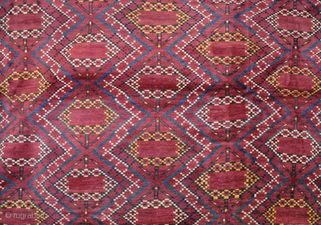 Antique Beshir Chuval face, finely woven with good dyes and shiney wool. Big and flashy with good graphic qualities. Full pile, but with 2 or 3 burn holes, one selvage replaced, one  ...