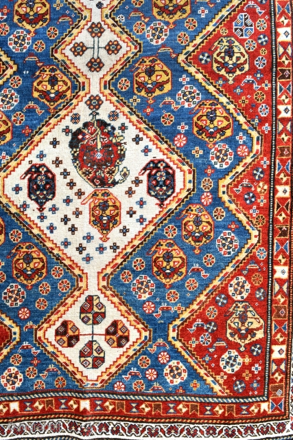 A fine antique Qasgai tribal rug from the Fars region in South Western Persia. Super little rug, tightly knotted, with very good clear natural dyes. A rug that should appeal to both  ...
